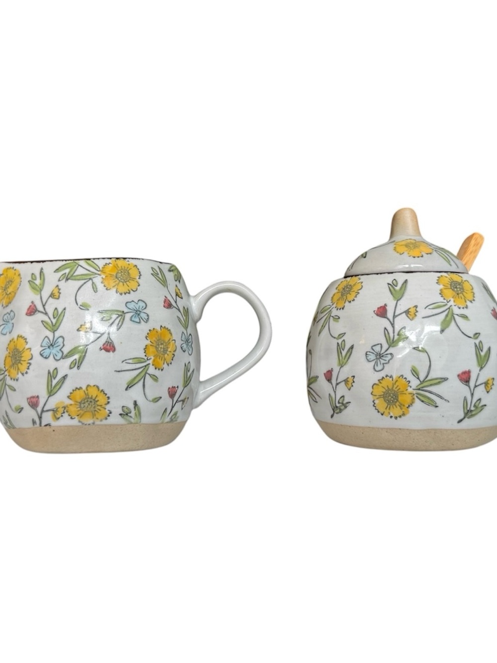 Wildflower Ceramic Sugar Bowl and Creamer Set — Yellow & Green Flower Pattern